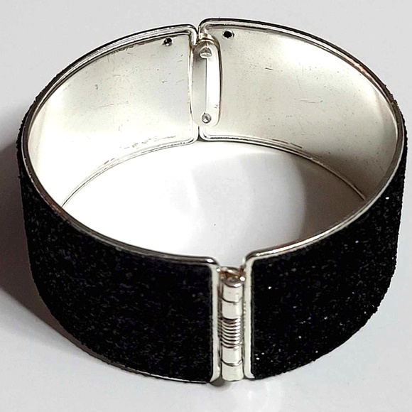 Silver Plated Jet Black Sparkle Spring Open Cuff Bracelet - Picture 9 of 10